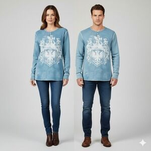 Toxic Waste Long Sleeve  XL‎ T Shirt Henley Blue Graphic Crest Studded Detail